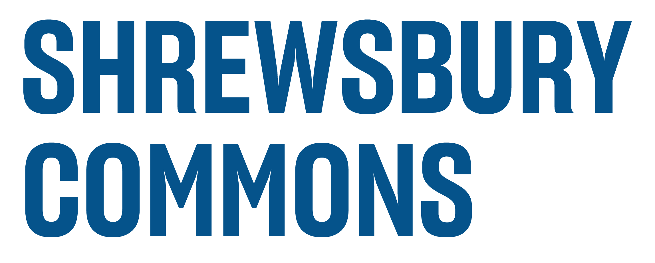 The image displays the words "Shrewsbury Commons" in blue text on a green background.